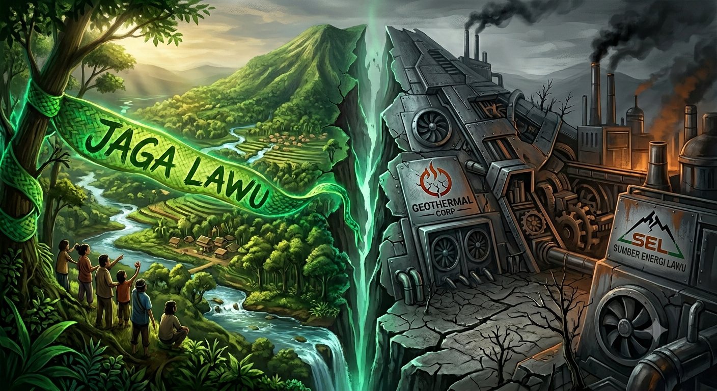 Ilustrasi AI-LAWU BUKAN PAPUA BERIKUTNYA: LAWAN KOLONIALISME BERKEDOK PLTP!